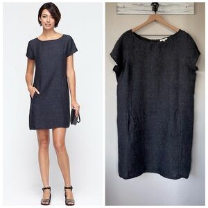 EILEEN FISHER XL Washed Linen Delave Bateau Neck Pocket Shift Dress in Denim